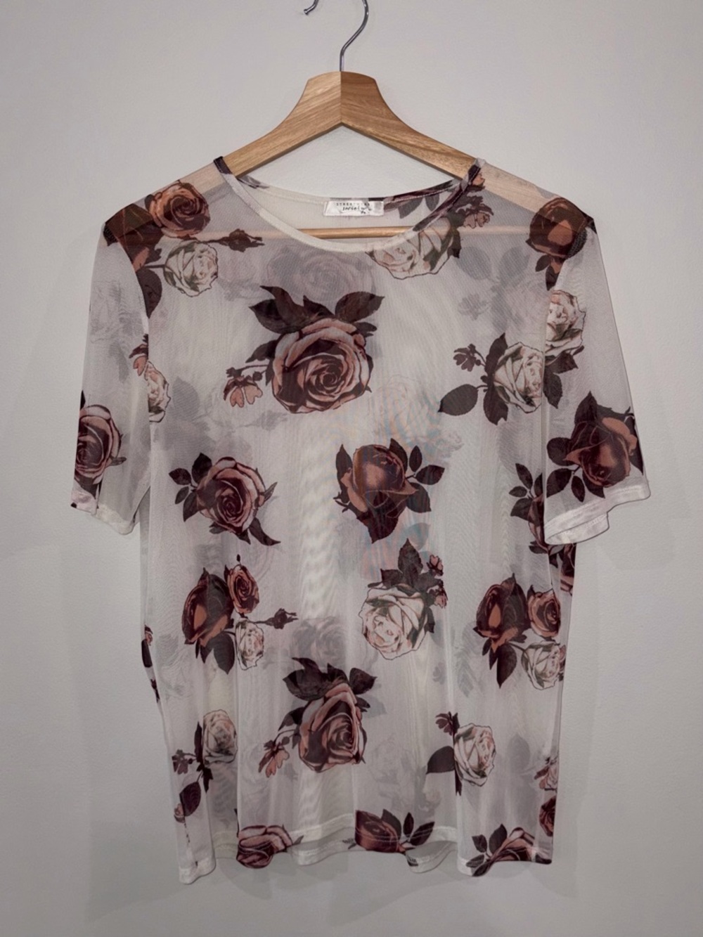 Sheer White Tee with Brown Rose Print